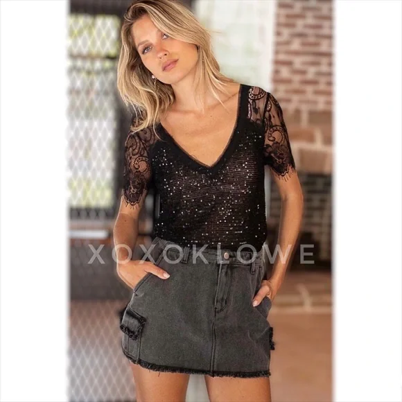POL Black Sequin V Neck Lace Short Sleeves Sheer Top - Picture 11 of 15